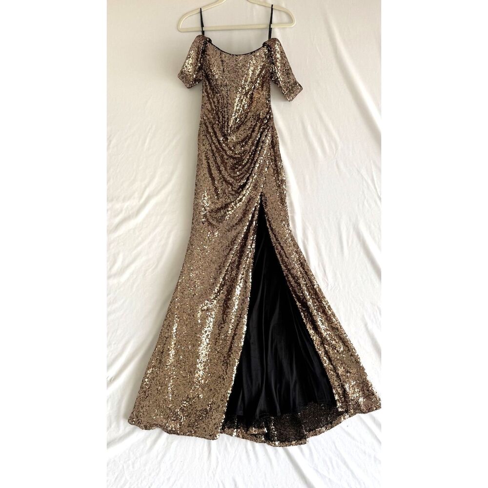 10312 Size 8 Sherri Hill sequin corset off shoulder mermaid gown slit gold black - Picture 3 of 7